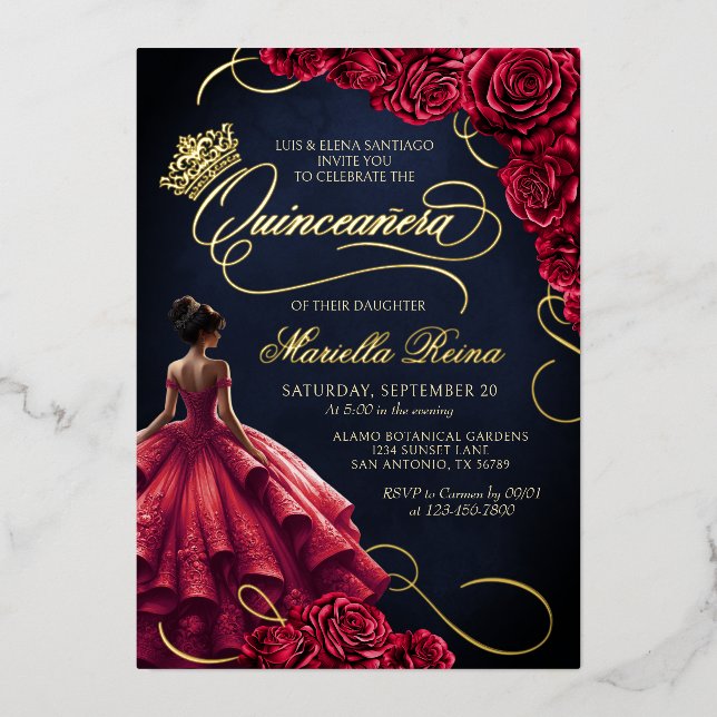 Invitation En Aluminium Robe Florale Rouge Quinceañera (Recto)