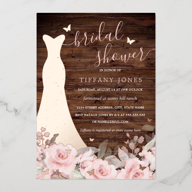 Invitation En Aluminium Robe florale Rustique Blush Rose Fête des mariées  (Recto)