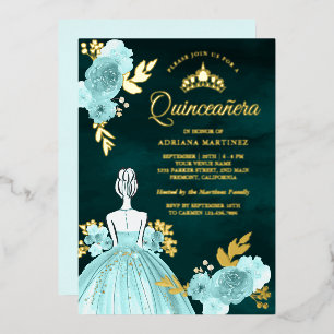 Invitation En Aluminium Robe Florale Sarcelle Princesse Verte Quinceanera 