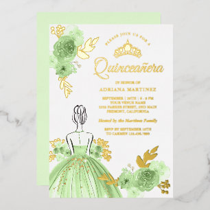 Invitation En Aluminium Robe Florale Vert Menthe Princesse Quinceanera Or