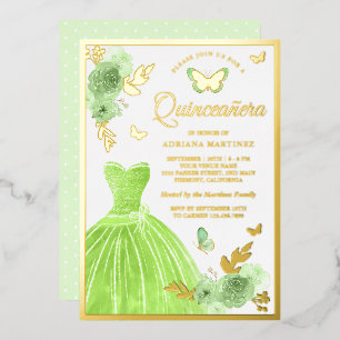 Invitation En Aluminium Robe Florale verte Lime Papillon Quinceanera Or