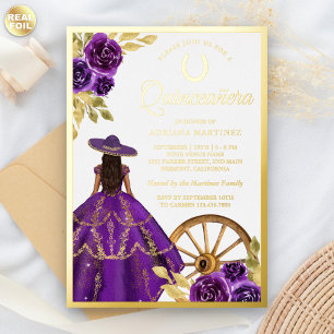 Invitation En Aluminium Robe Florale violette Charro Quinceanera Or