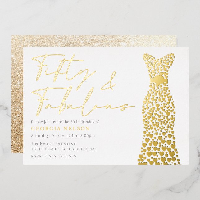 Invitation En Aluminium Robe Gold Foil Cinquante et fab 50e fête d'anniver (Recto/Verso)