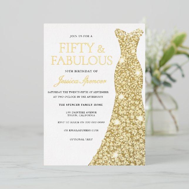 Invitation En Aluminium Robe Gold Foil Golden Pressé 50e fête d'anniversai (Debout devant)