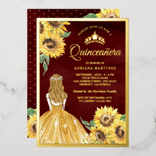 Invitation En Aluminium Robe jaune Fleurs de soleil Bourgogne Quinceanera 