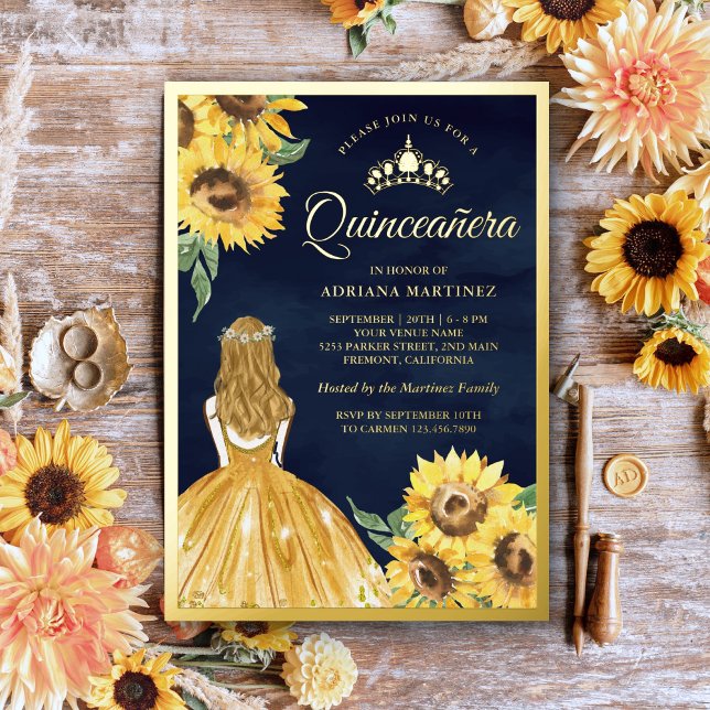 Invitation En Aluminium Robe jaune Fleurs de soleil Marine bleu Quinceaner (Créateur téléchargé)
