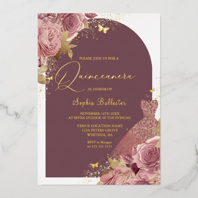 Invitation En Aluminium Robe Magique & Arc Enchantée Quinceanera Or (Recto)