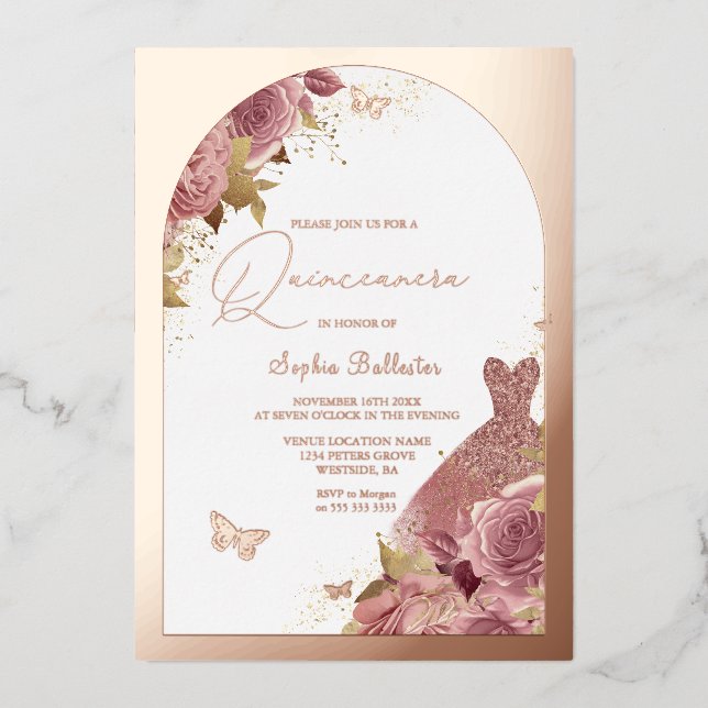 Invitation En Aluminium Robe magique Enchantée Quinceanera Rose Gold (Recto)