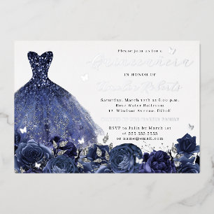 Invitation En Aluminium Robe Marine Argent Papillon Floral