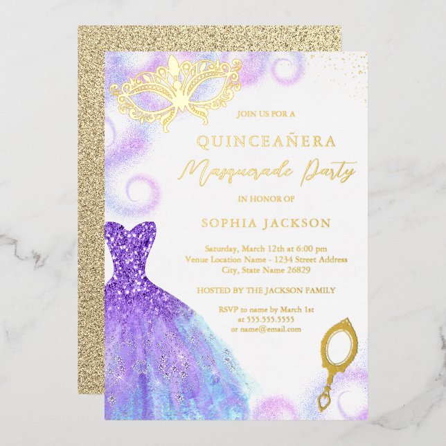 Invitation En Aluminium Robe Masquerade bleu violet Quinceanera (Recto/Verso)