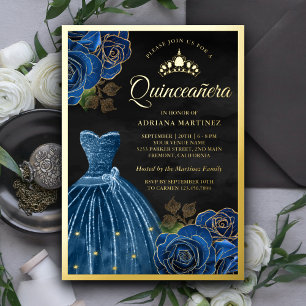 Invitation En Aluminium Robe Navy Blue Roses Quinceanera Noir Or