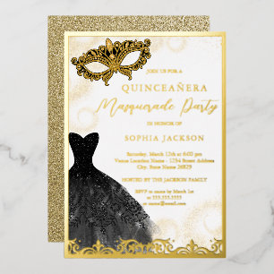Invitation En Aluminium Robe noire et or Fête de masques Quinceanera