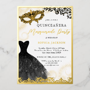 Invitation En Aluminium Robe noire et or pour la fête de Quinceanera avec