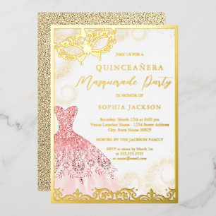 Invitation En Aluminium Robe Or Rose Masquerade Fête Quinceanera Feuille