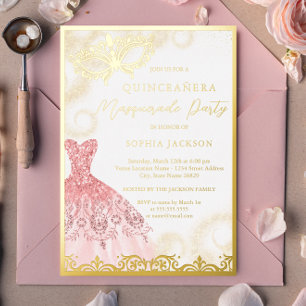 Invitation En Aluminium Robe or rose Masquerade Party Quinceanera