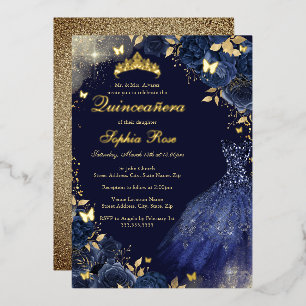 Invitation En Aluminium Robe papillon dorée marine florale Quinceanera