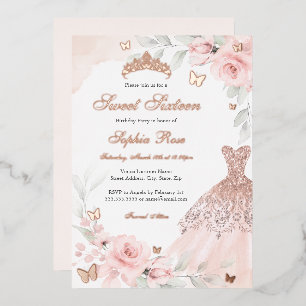 Invitation En Aluminium Robe papillon rose florale Sweet Sixteen