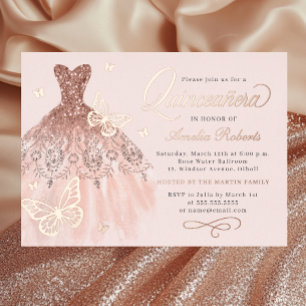 Invitation En Aluminium Robe Papillon Rose Goldée Étincelante Quinceanera 