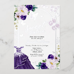 Invitation En Aluminium Robe papillon Sweet Sixteen violet foncé argent