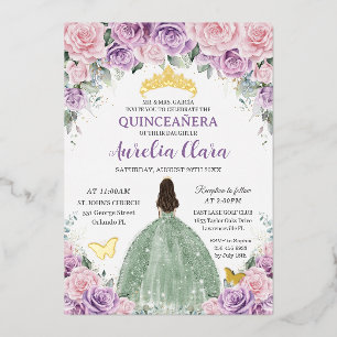 Invitation En Aluminium Robe Quinceañera Violet Rose Floral Vert Sauge