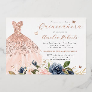 Invitation En Aluminium Robe Rose Gold Élégante Papillon Floral 