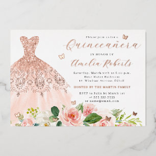Invitation En Aluminium Robe Rose Gold Élégante Papillon Floral Blush