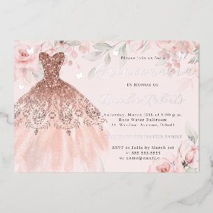 Invitation En Aluminium Robe Rose Gold Florale Papillon Argenté 