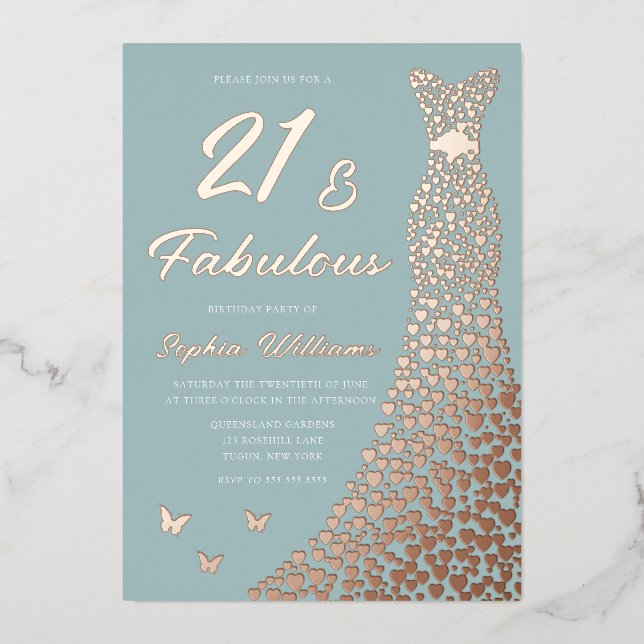 Invitation En Aluminium Robe rose Gold Foil 21 & Fabuleux 21e anniversaire (Recto)