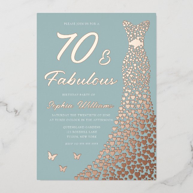 Invitation En Aluminium Robe rose Gold Foil 70 et fabuleux 70e anniversair (Recto)