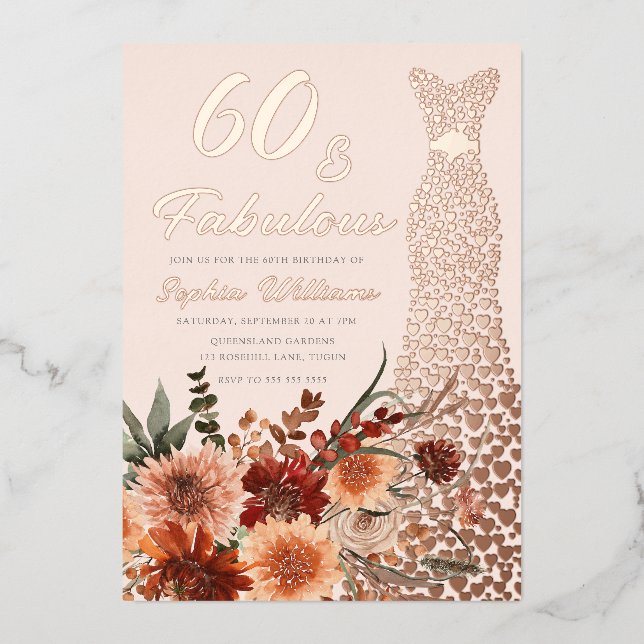 Invitation En Aluminium Robe rose or à huile Boho Floral 60e anniversaire (Recto)
