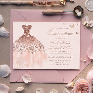 Invitation En Aluminium Robe rose OR FOIL Papillon Quinceanera