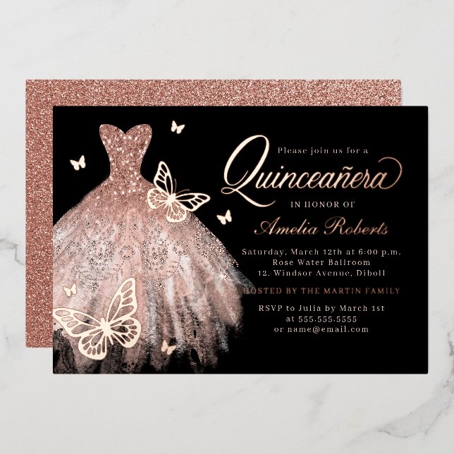 Invitation En Aluminium Robe rose or noir papillon Quinceanera (Recto/Verso)