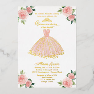 Invitation En Aluminium Robe rose or Quinceanera