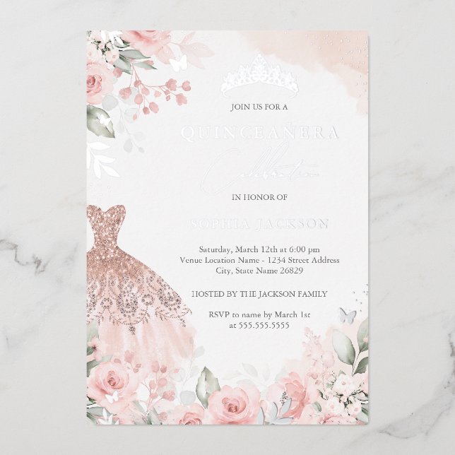 Invitation En Aluminium Robe rose pâle argentée Quinceanera (Recto)