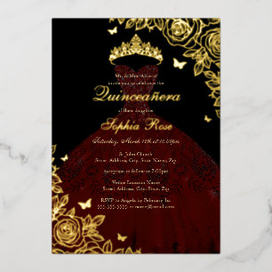 Invitation En Aluminium Robe rouge Bourgogne noir or rose Quinceanera