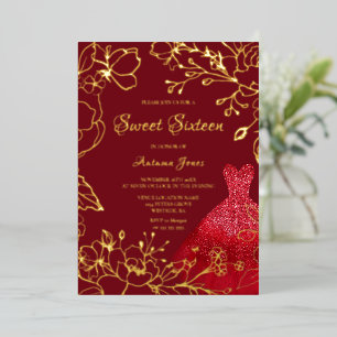 Invitation En Aluminium Robe rouge feuilles dorées élégante Sweet 16 or