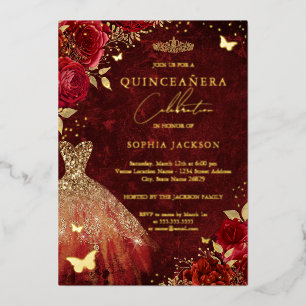 Invitation En Aluminium Robe Rouge Floral Papillon Or Quinceanera