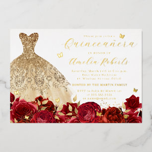 Invitation En Aluminium Robe rouge or Papillon élégant Floral