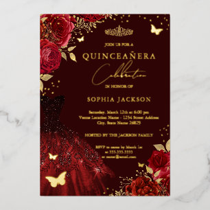 Invitation En Aluminium Robe rouge or papillon floral Quinceanera
