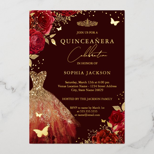 Invitation En Aluminium Robe rouge or papillon floral Quinceanera (Recto)