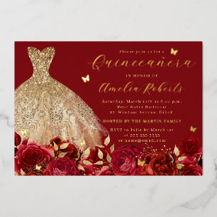 Invitation En Aluminium Robe rouge Papillon d'or élégant Floral