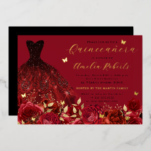 Invitation En Aluminium Robe Rouge Papillon Floral Or