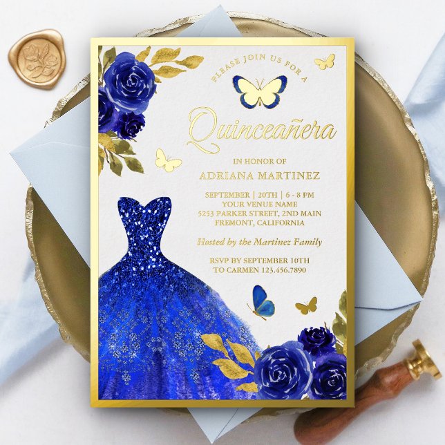Invitation En Aluminium Robe Royal Bleue Florale Papillon Quinceanera Or (Créateur téléchargé)