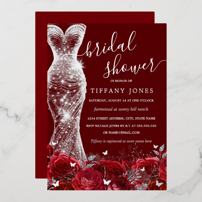 Invitation En Aluminium Robe Shimmer Rouge Argent Rose Fête des mariées (Recto/Verso)