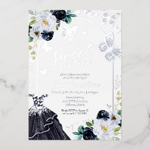 Invitation En Aluminium Robe Sweet sixteen papillon bleu foncé Argent