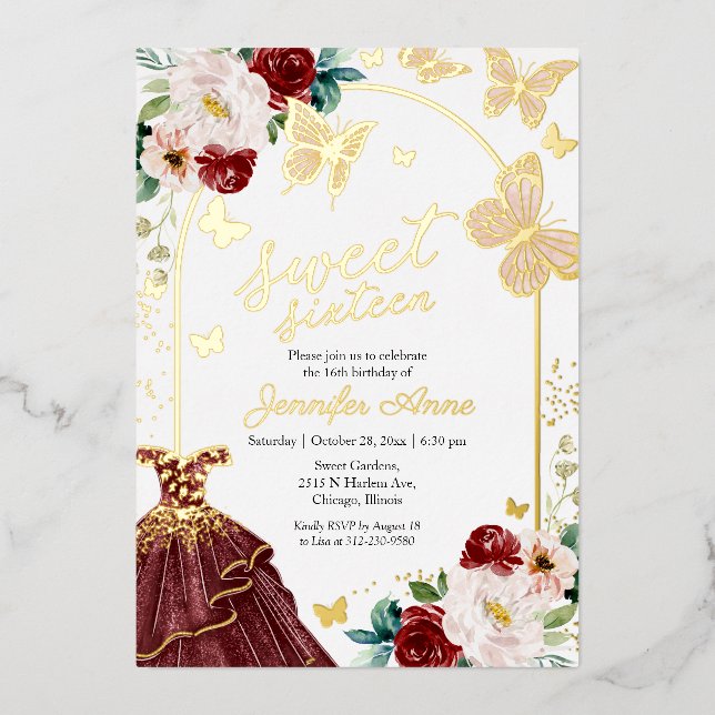 Invitation En Aluminium Robe Sweet sixteen papillon Bourgogne Marsala (Recto)
