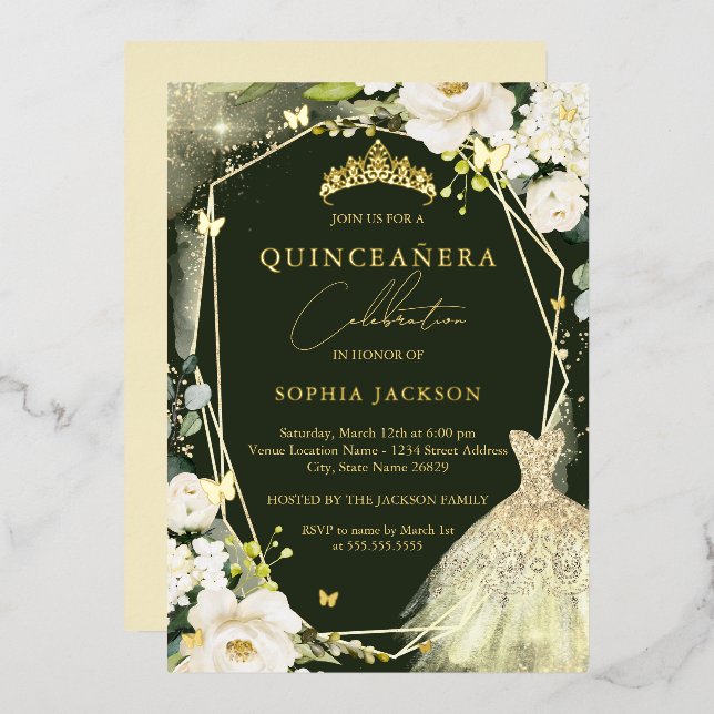 Invitation En Aluminium Robe Tiara Vert or quinceanera (Recto/Verso)