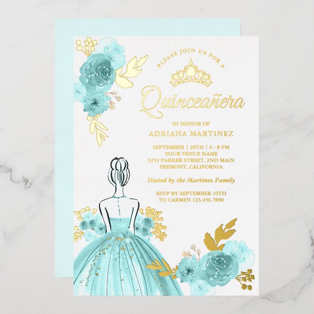 Invitation En Aluminium Robe turquoise Florale Princesse Quinceanera Or (Recto/Verso)
