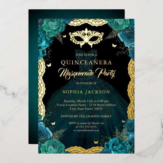 Invitation En Aluminium Robe turquoise Gold Masquerade de fête Quinceanera (Recto/Verso)