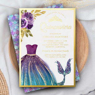 Invitation En Aluminium Robe Turquoise violette Queue de sirène Quinceaner